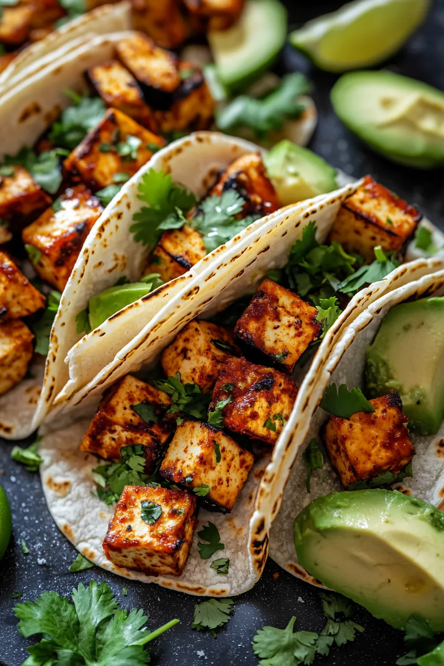 Colorful tofu tacos with fresh toppings, served on a wooden board.