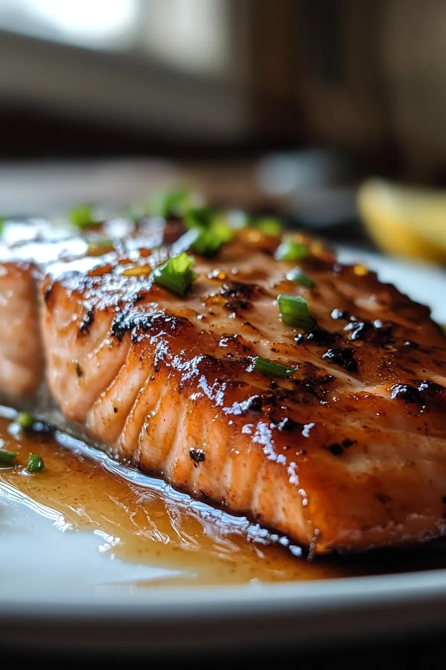 A perfectly glazed salmon fillet with caramelized brown sugar and citrus zest, garnished with fresh herbs, served on a white plate.
