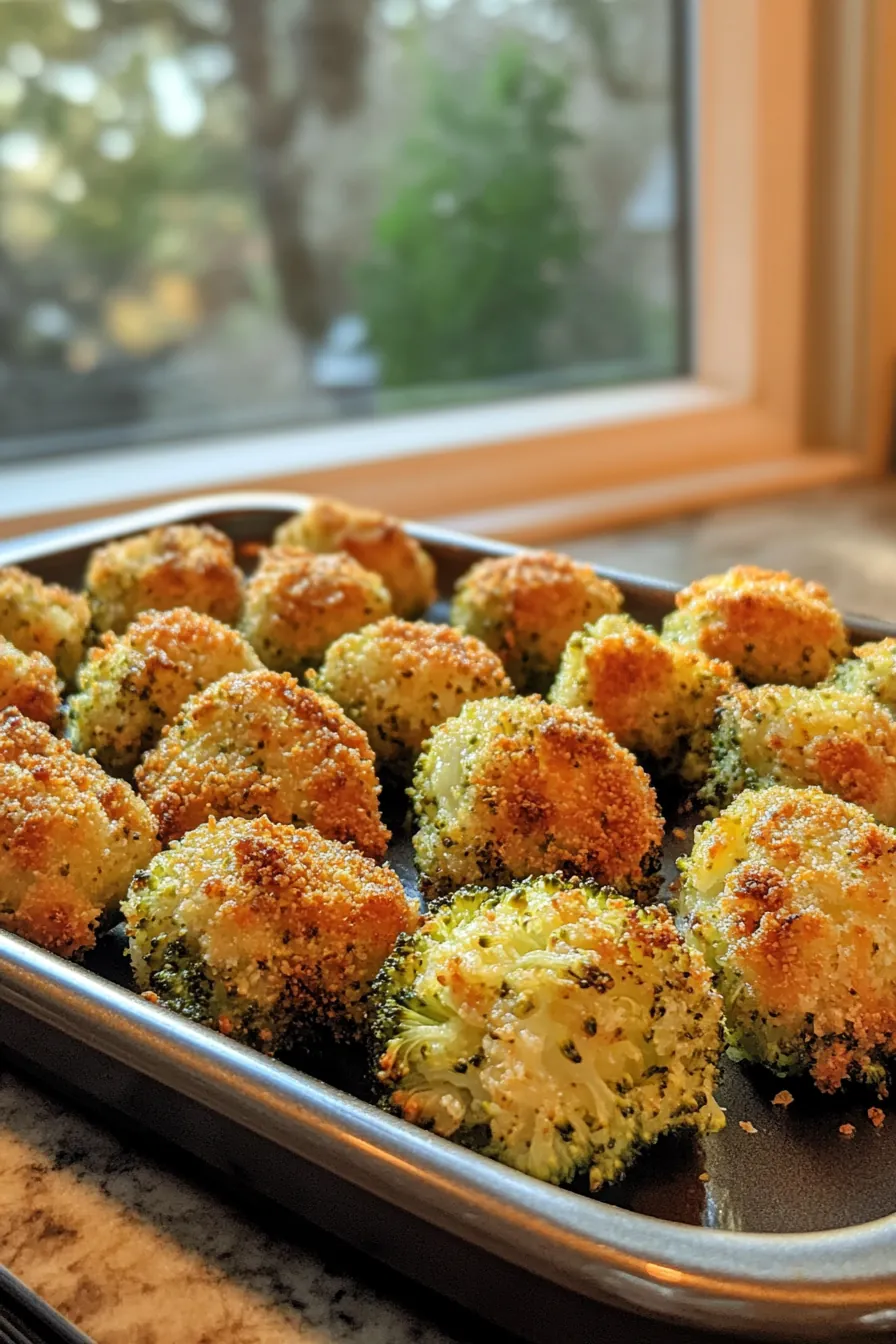 Golden brown cheesy broccoli bites garnished with fresh parsley on a wooden serving board.