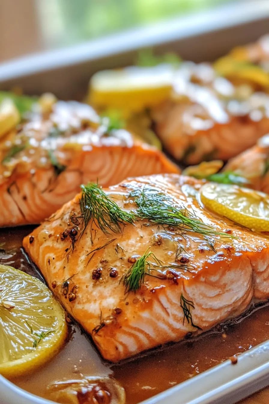 Citrus-glazed salmon fillet topped with fresh dill and fennel slices.