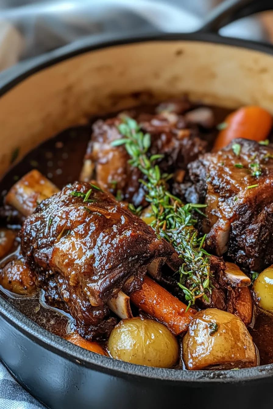 A succulent one pot lamb shank nestled in a rich, aromatic broth with vegetables.