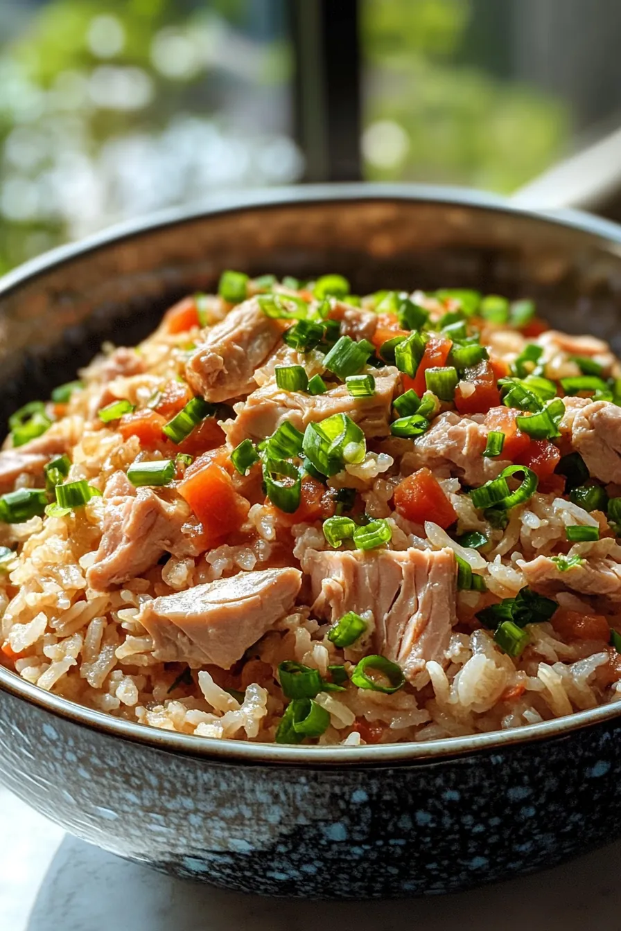 A vibrant dish of one pot tuna rice with colorful vegetables in a rustic pan.