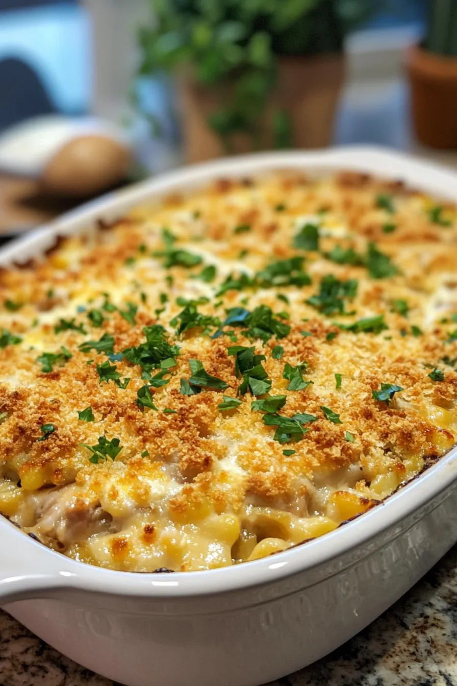 A creamy one pot tuna casserole in a cast iron skillet, topped with golden breadcrumbs and fresh parsley.