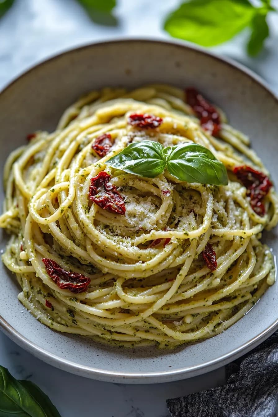 Creamy basil pesto pasta with sun-dried tomatoes in a rustic bowl.