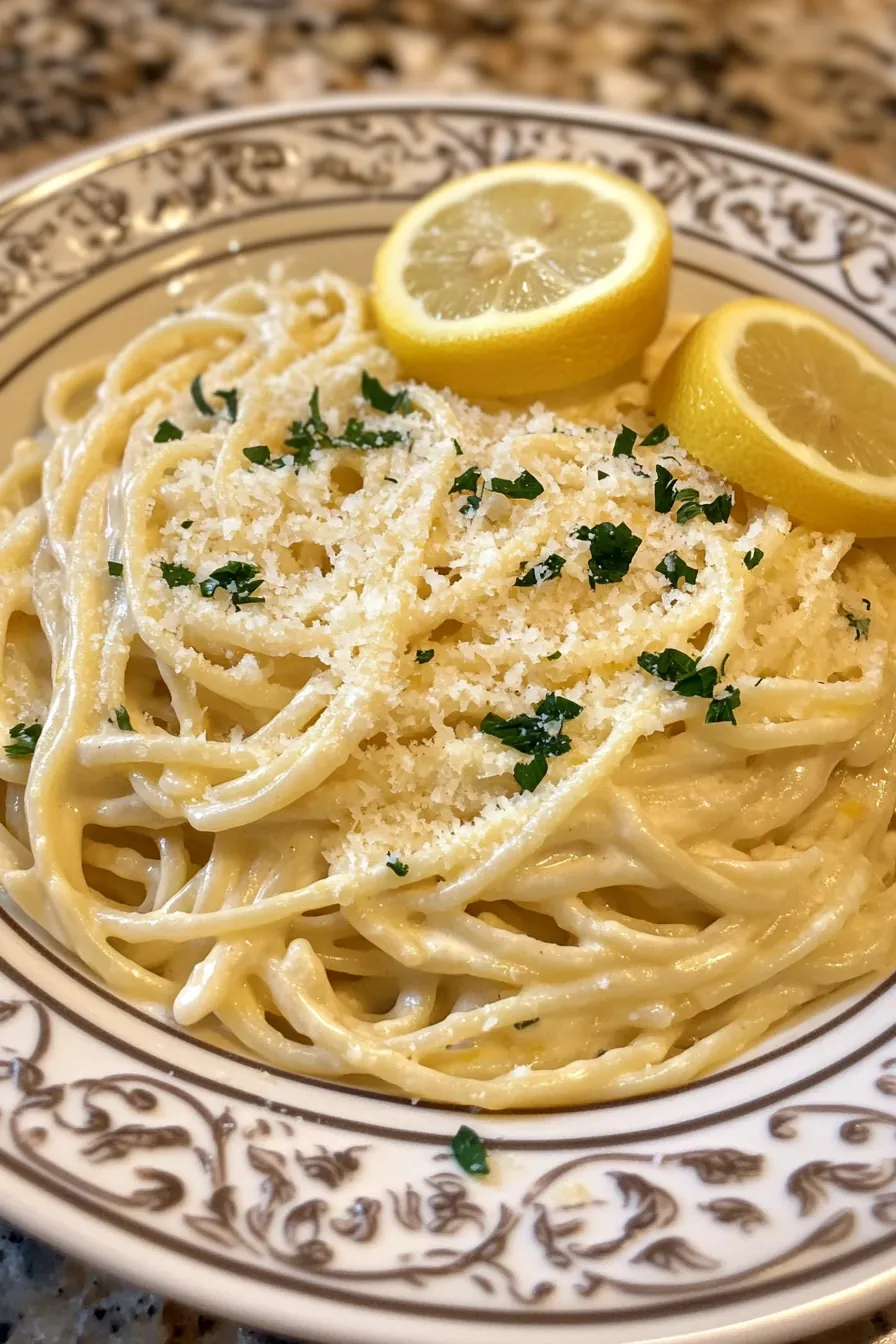 A bowl of creamy lemon garlic pasta garnished with parsley and lemon zest.