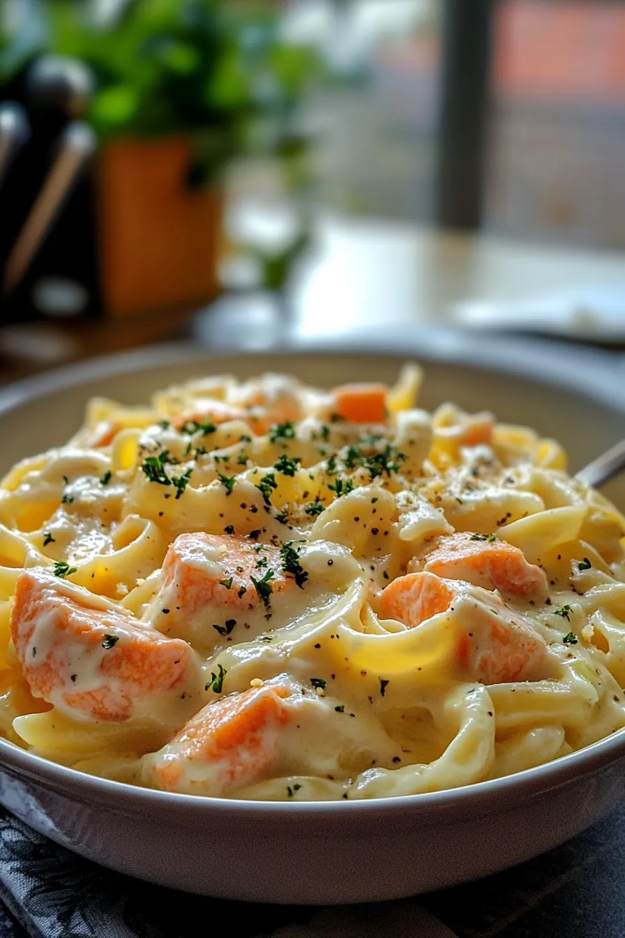 A bowl of creamy salmon pasta garnished with fresh herbs and lemon zest