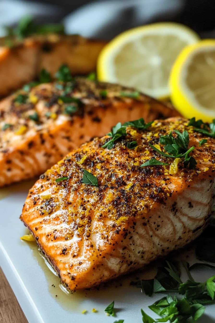 Crispy air-fried salmon fillet with a golden lemon herb crust, garnished with fresh parsley and lemon slices.