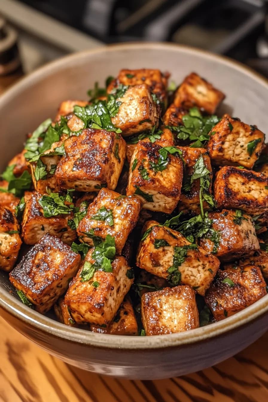 Golden crispy tofu cubes with a herb-infused marinade, garnished with fresh herbs and lime wedges.