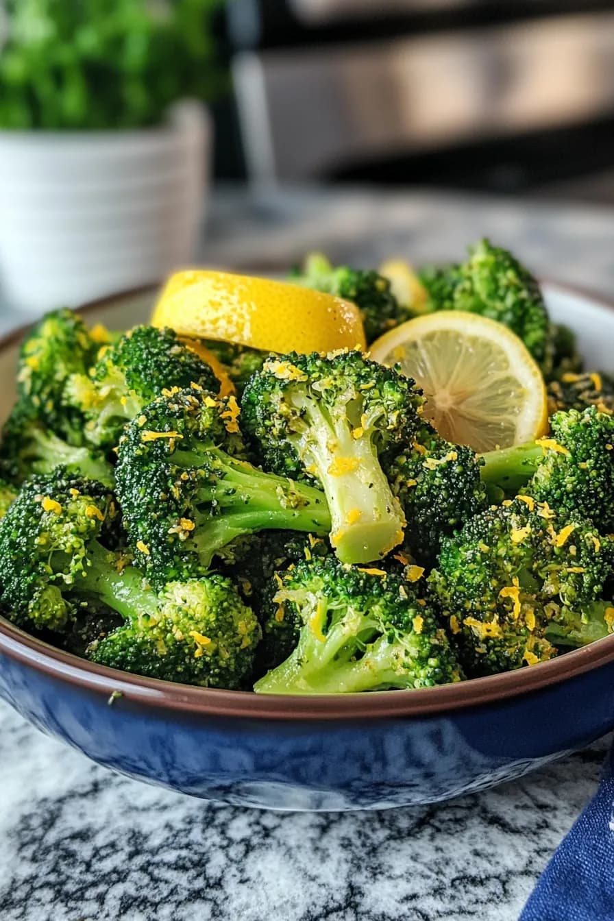 Crispy broccoli florets with lemon zest in an air fryer basket.