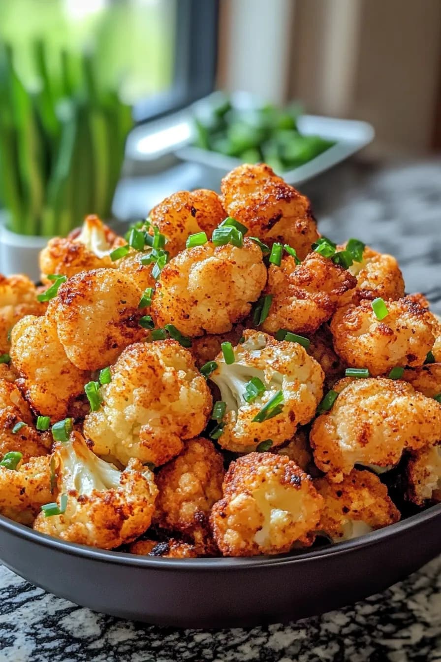 Golden-brown crispy cauliflower florets in an air fryer basket, garnished with fresh herbs.