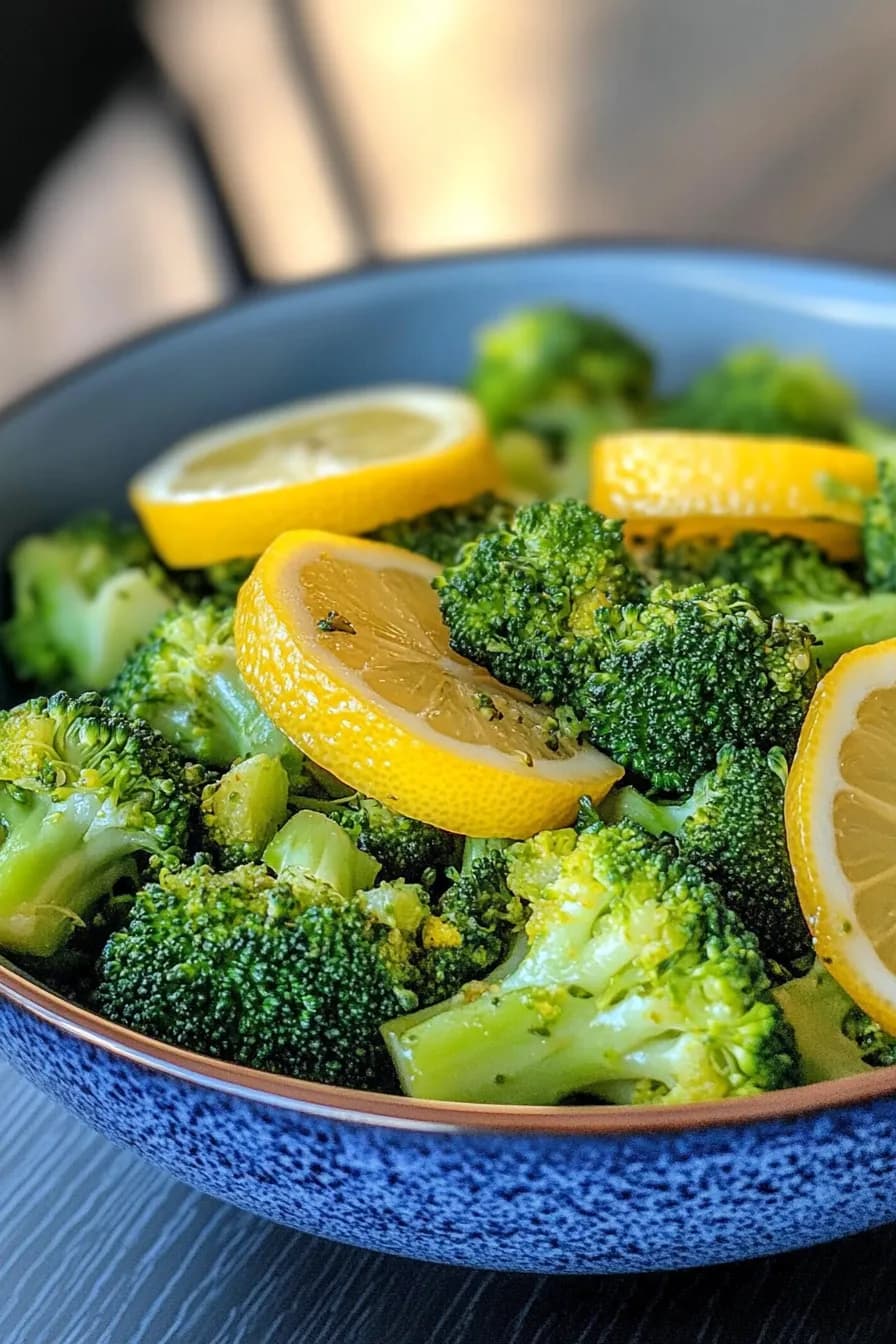 Crispy air fryer broccoli garnished with fresh lemon and herbs on a rustic wooden platter.