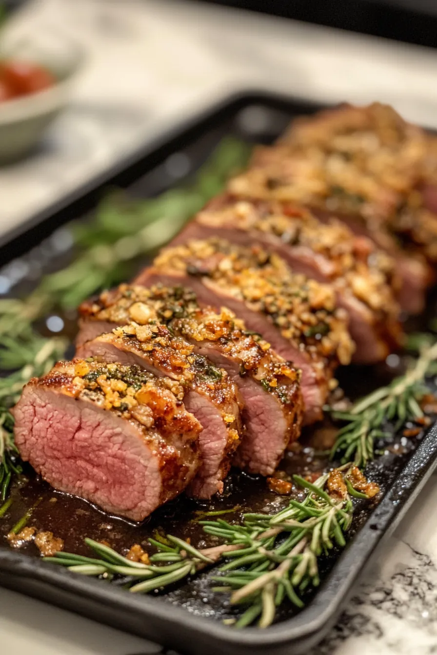 Crispy herb-crusted pork tenderloin drizzled with honey glaze, garnished with fresh rosemary.