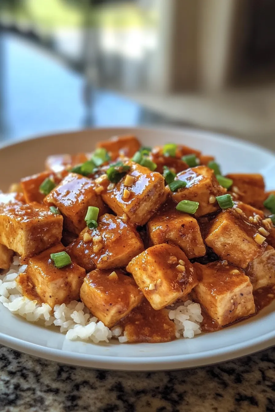 Golden crispy tofu cubes drizzled with spicy peanut sauce, garnished with fresh cilantro.