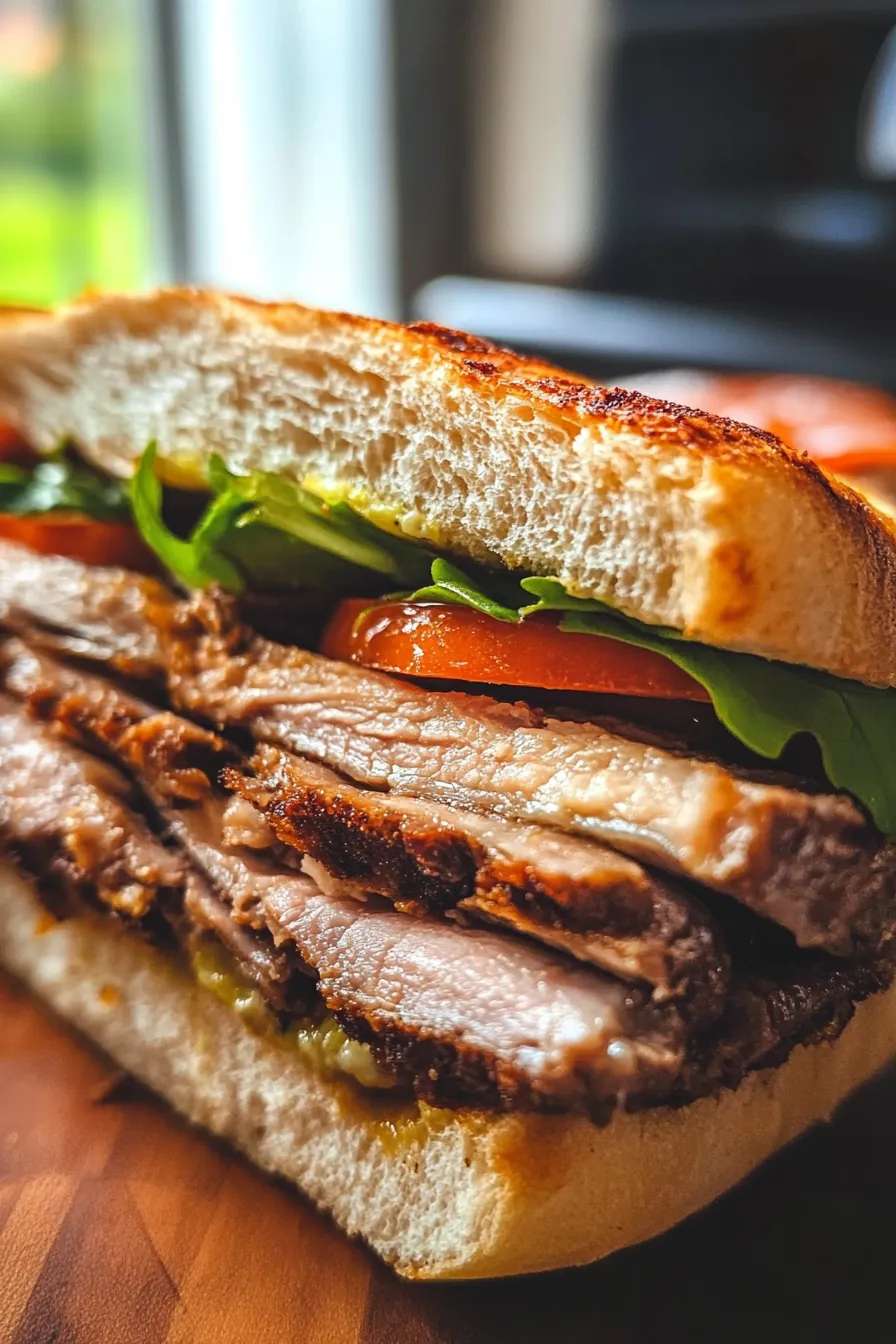 A Cuban sandwich with citrus-marinated pork, Swiss cheese, and pickles pressed and grilled to golden perfection.