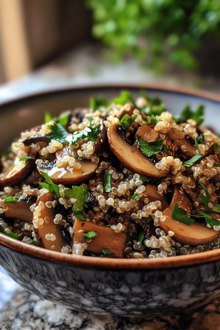 Savory mushroom and quinoa dish garnished with fresh herbs in a rustic bowl.