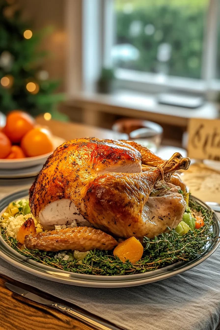 A succulent, golden-brown turkey roasted in a bag, surrounded by vibrant seasonal vegetables.