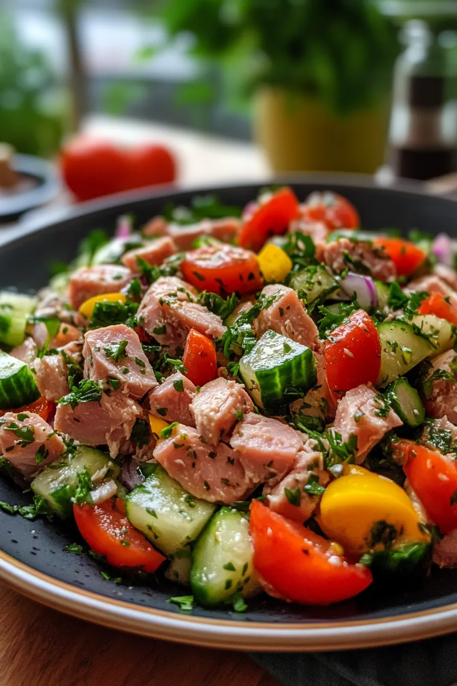 A vibrant Mediterranean tuna salad with olives, cherry tomatoes, and fresh herbs on a rustic ceramic plate.