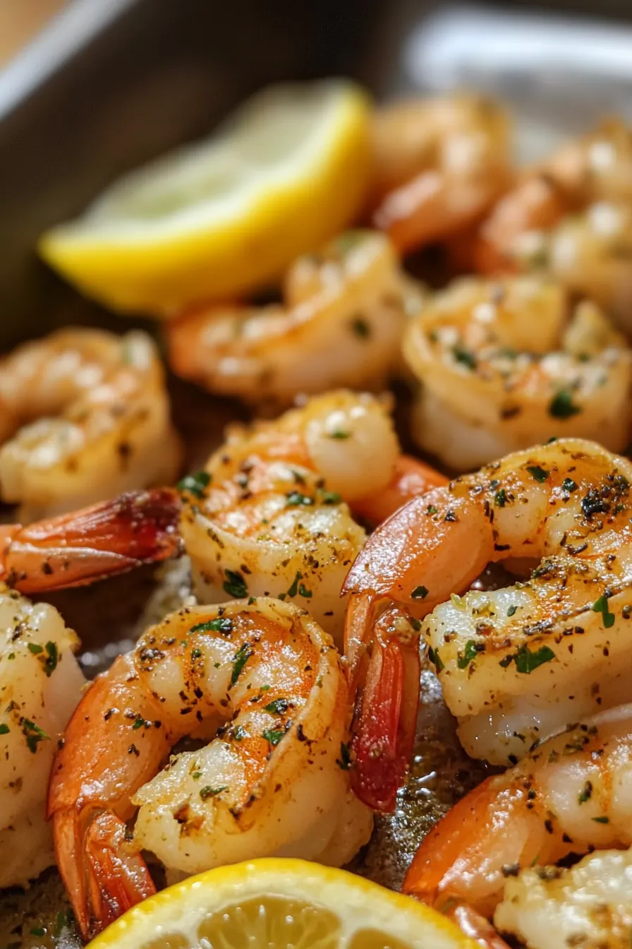Juicy lemon herb shrimp roasted in the oven with vibrant herbs and garlic.