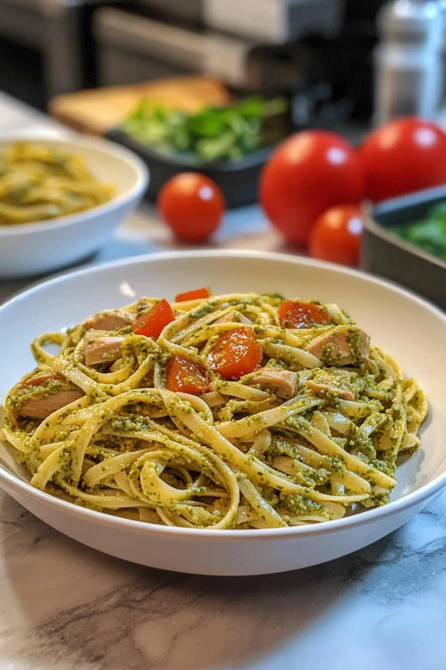 A steaming plate of tuna pesto pasta garnished with fresh basil and parmesan.