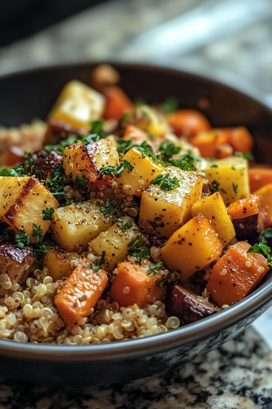 A colorful bowl of quinoa and roasted vegetables, garnished with fresh herbs and lemon slices.