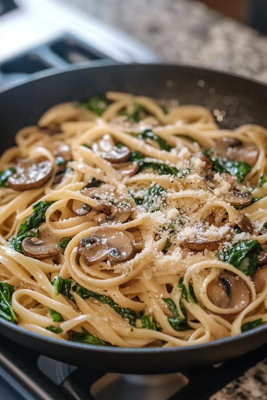 A vibrant dish of mushroom and spinach pasta garnished with parmesan and parsley in a large serving bowl.