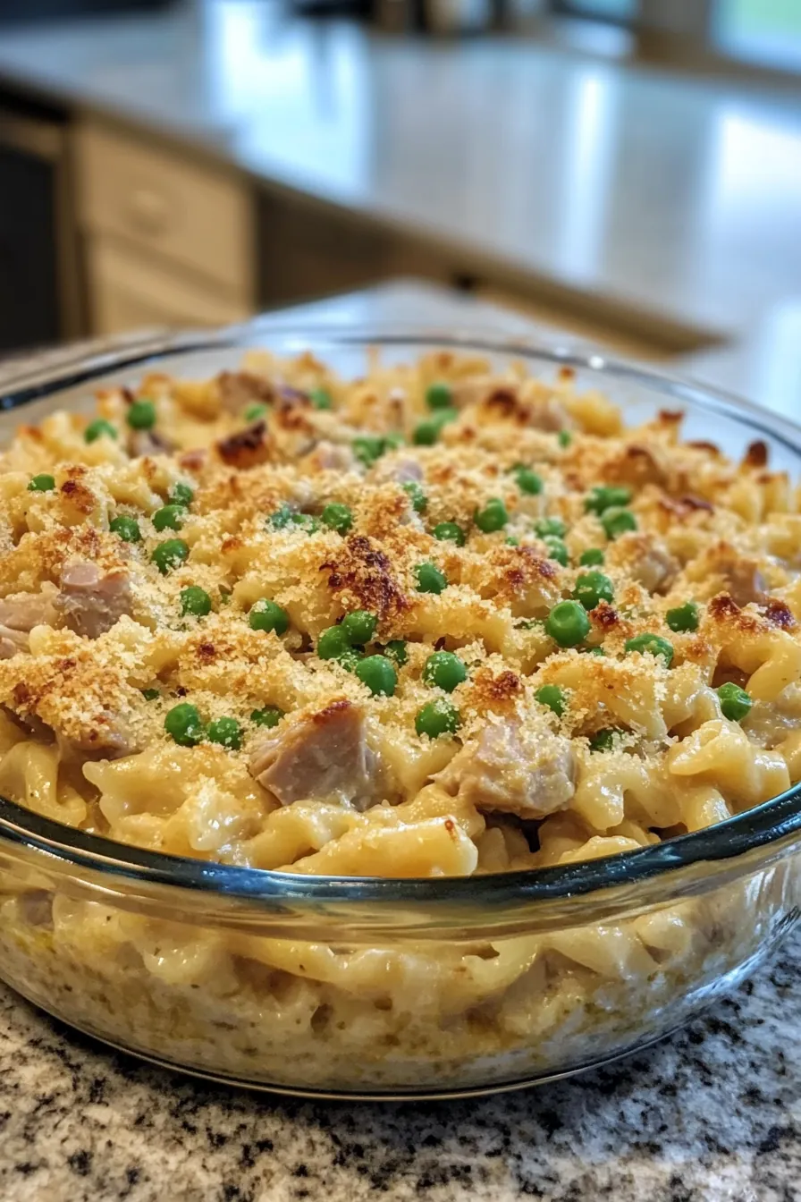 A steaming one pot tuna noodle casserole with a golden crust of melted cheese.