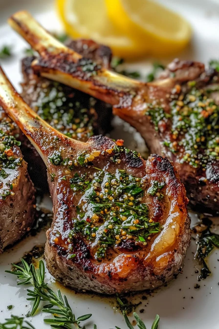 Golden-brown, herb-crusted lamb chops served with vibrant roasted vegetables.