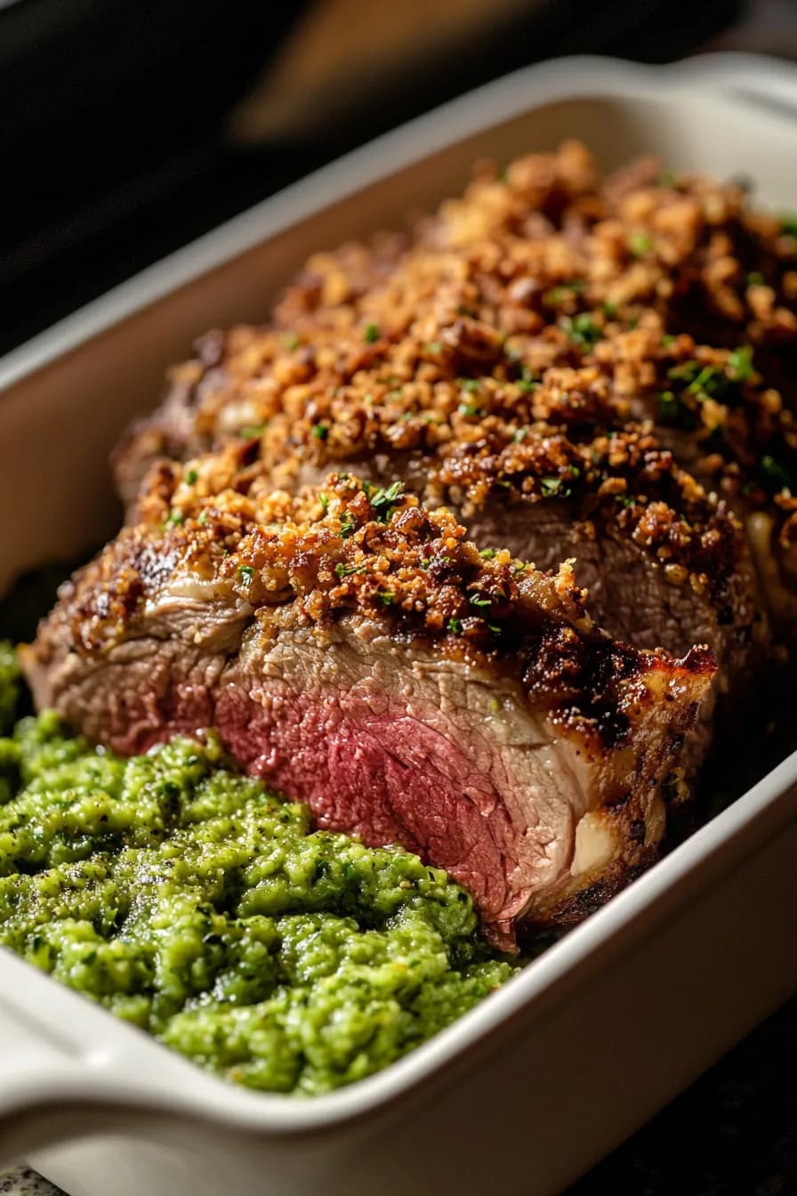 Herb-crusted lamb served with vibrant minted pea puree on a rustic wooden table.