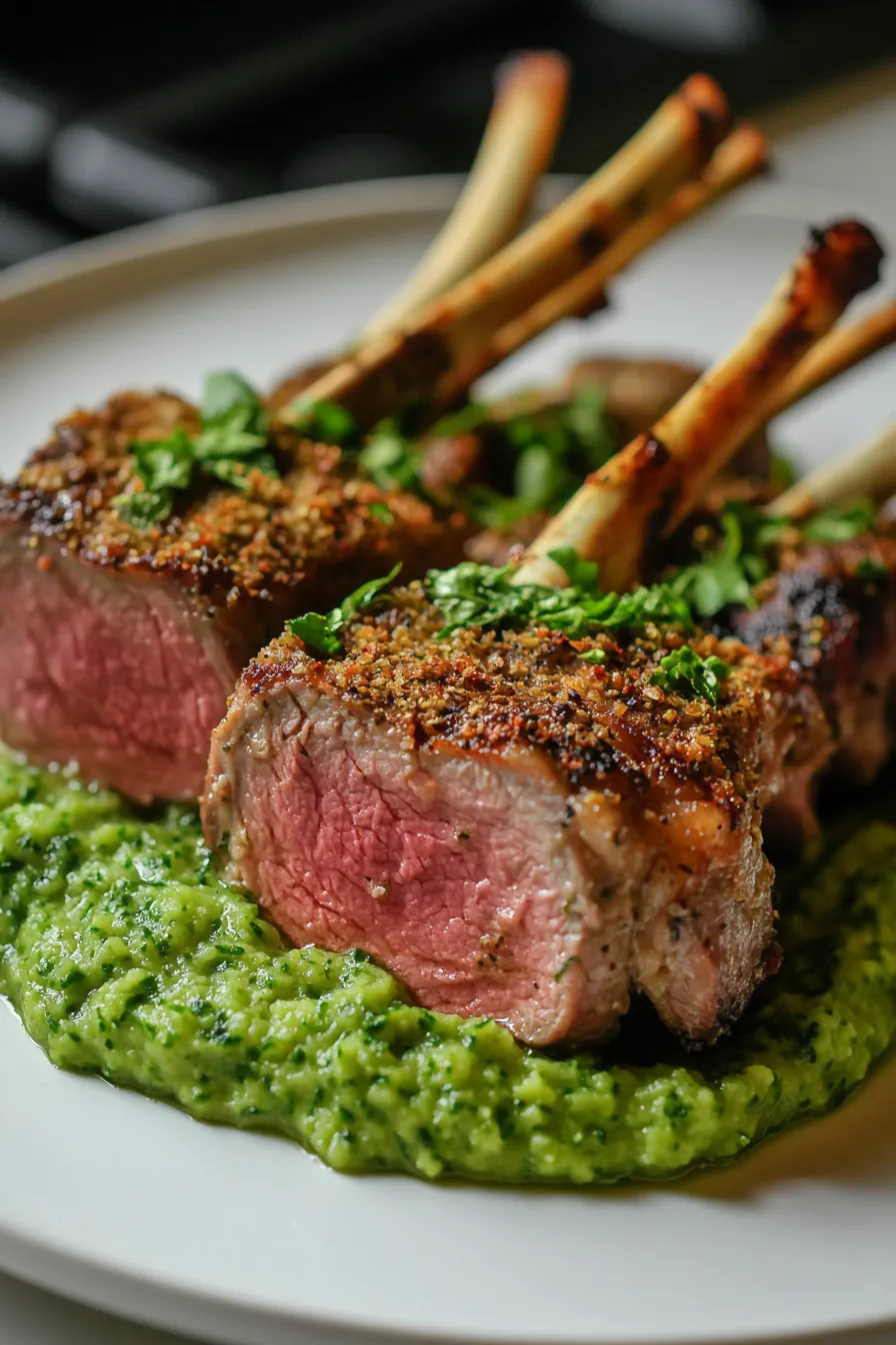 Sumptuous Herb-Crusted Lamb with Minted Pea Puree card