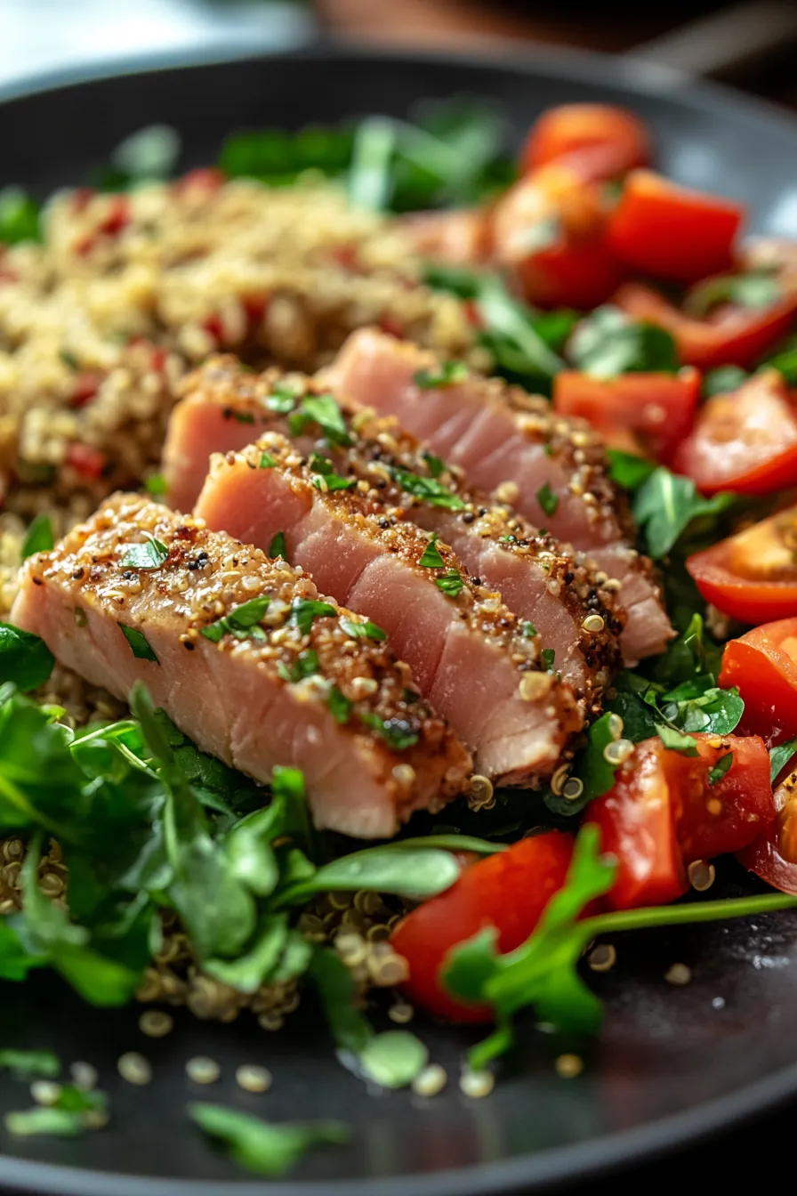 Herb-crusted tuna fillet served alongside a vibrant quinoa salad with fresh herbs and lemon.