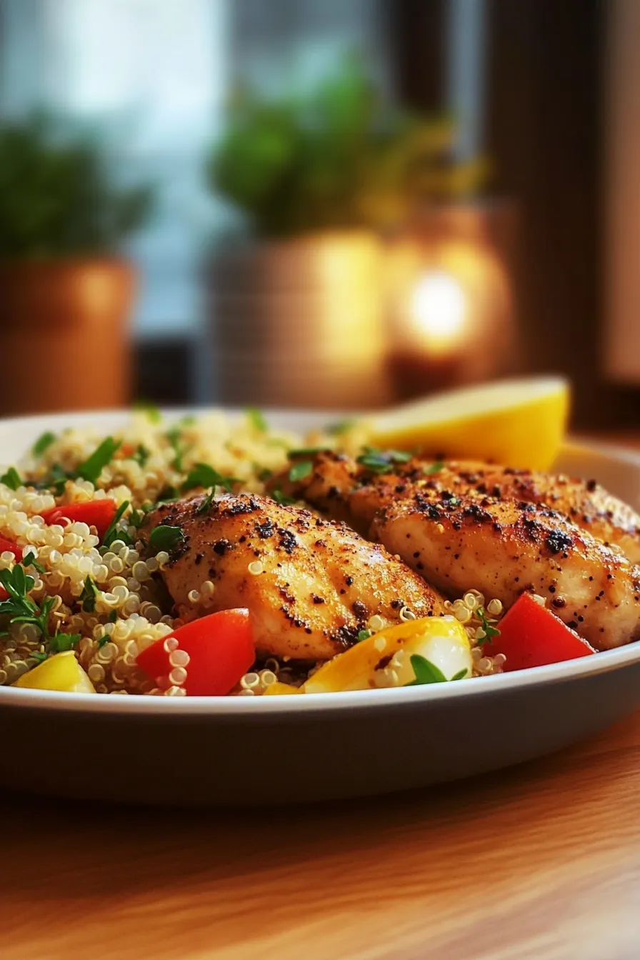 Herb-infused lemon chicken served with a colorful quinoa salad in a rustic wooden bowl.