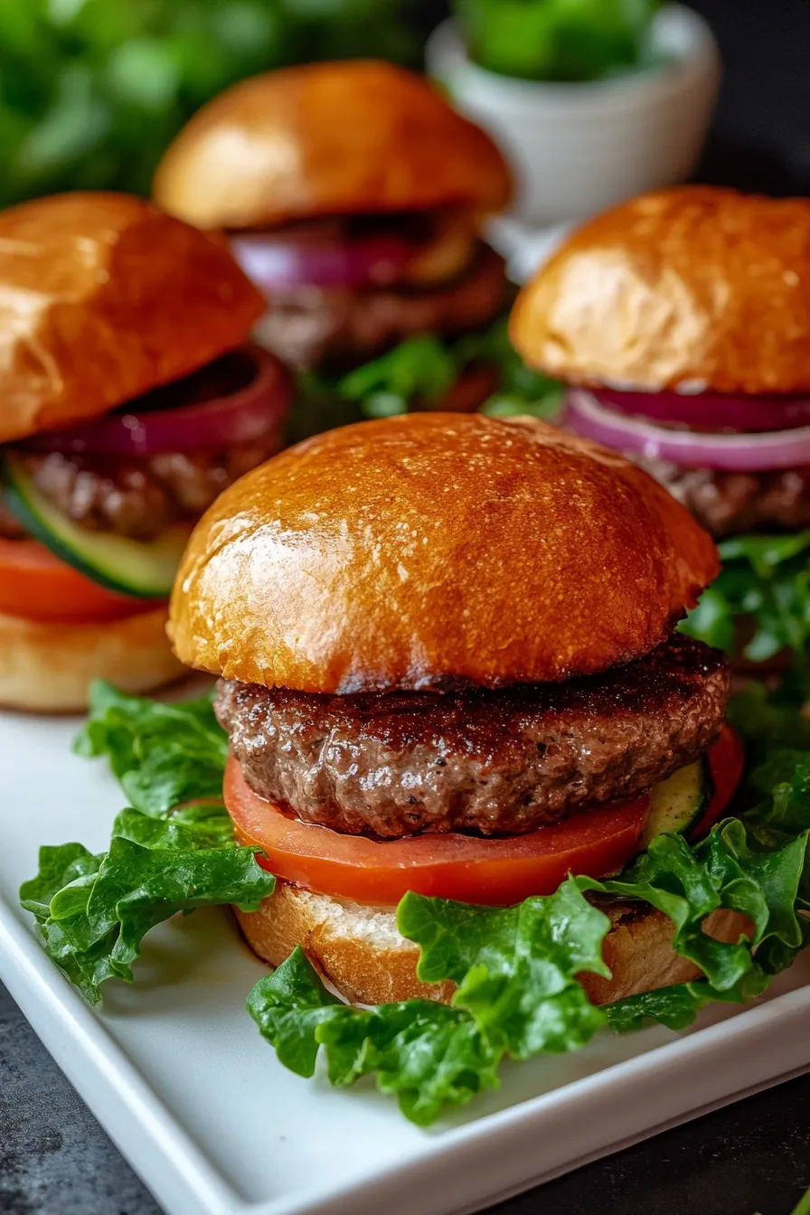 Juicy beef and veggie sliders with melted cheese and mini buns, served on a wooden board.