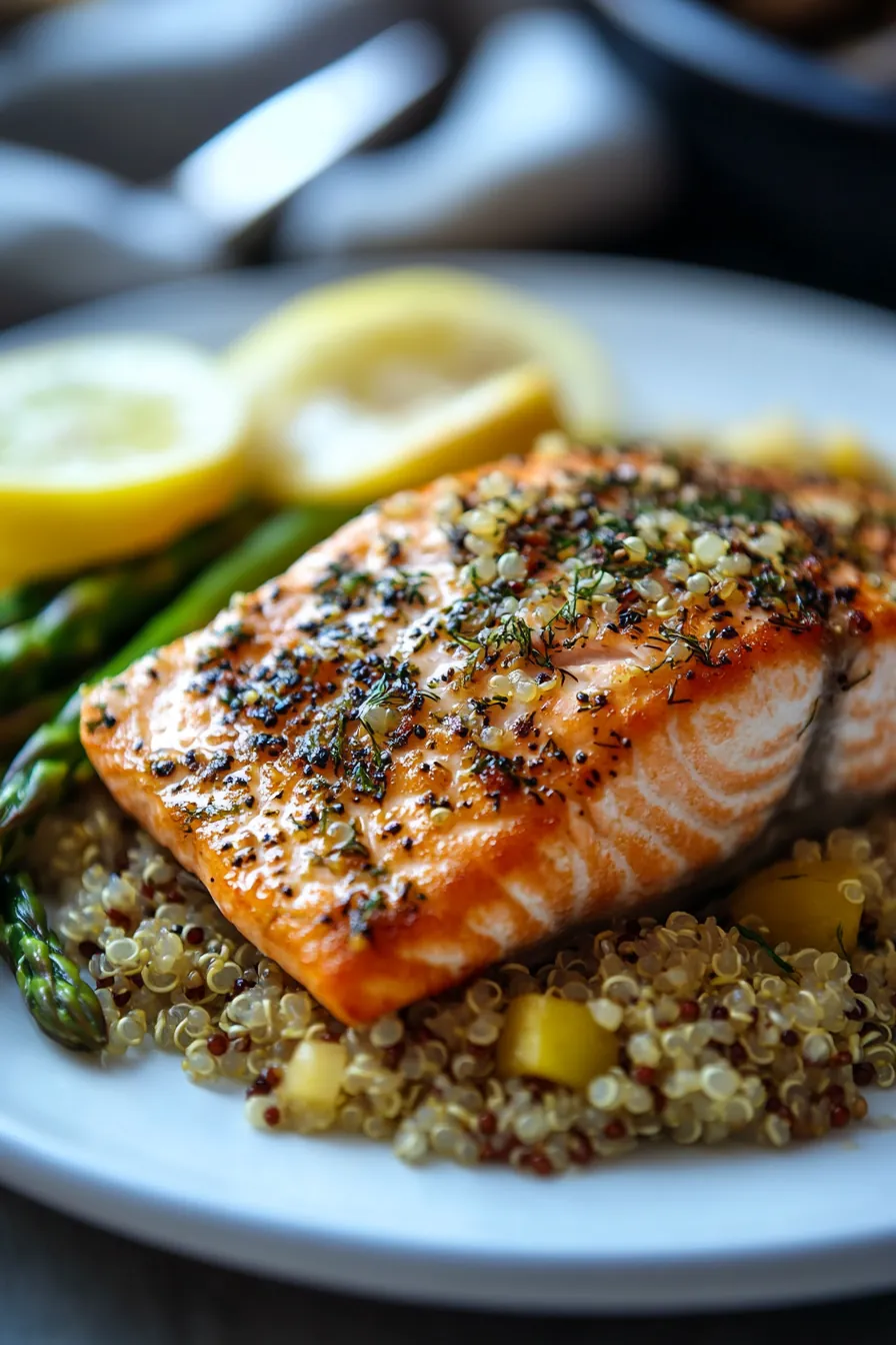Lemon-Dill Salmon resting on a bed of fluffy quinoa with bright green asparagus spears.