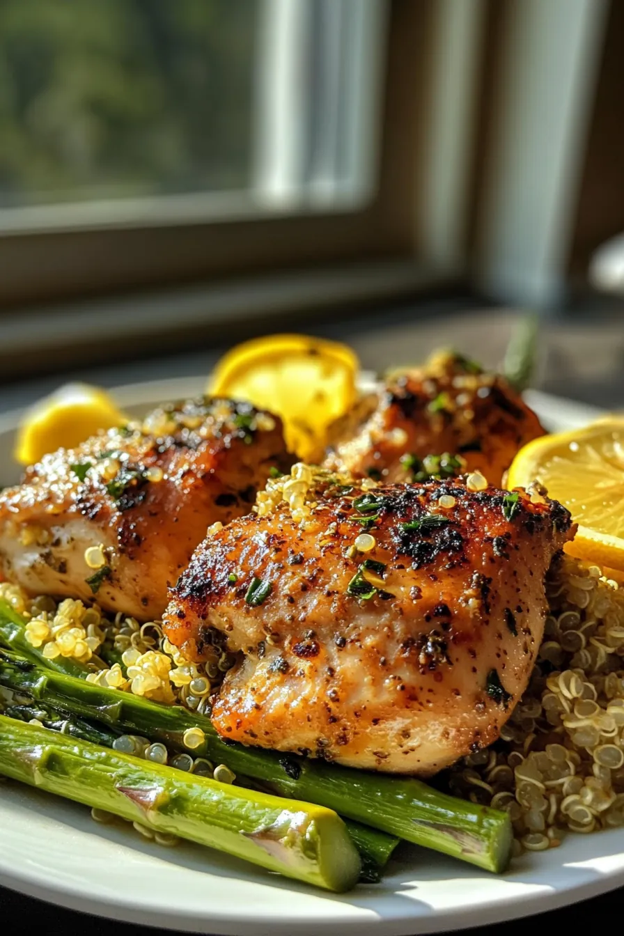 Grilled lemon herb chicken served with quinoa and asparagus on a white plate.
