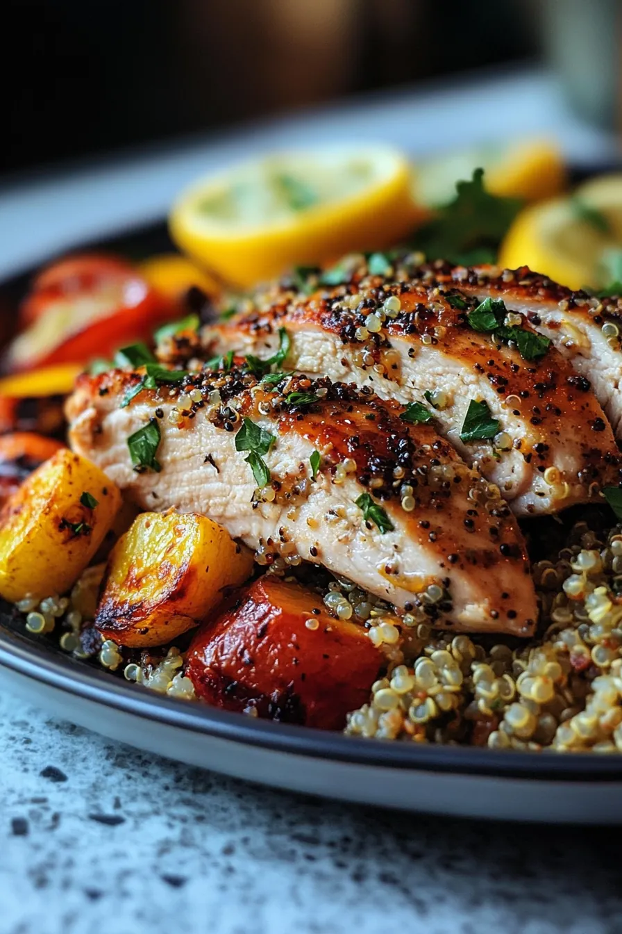 Juicy lemon herb chicken served with fluffy quinoa and colorful roasted vegetables on a white plate.