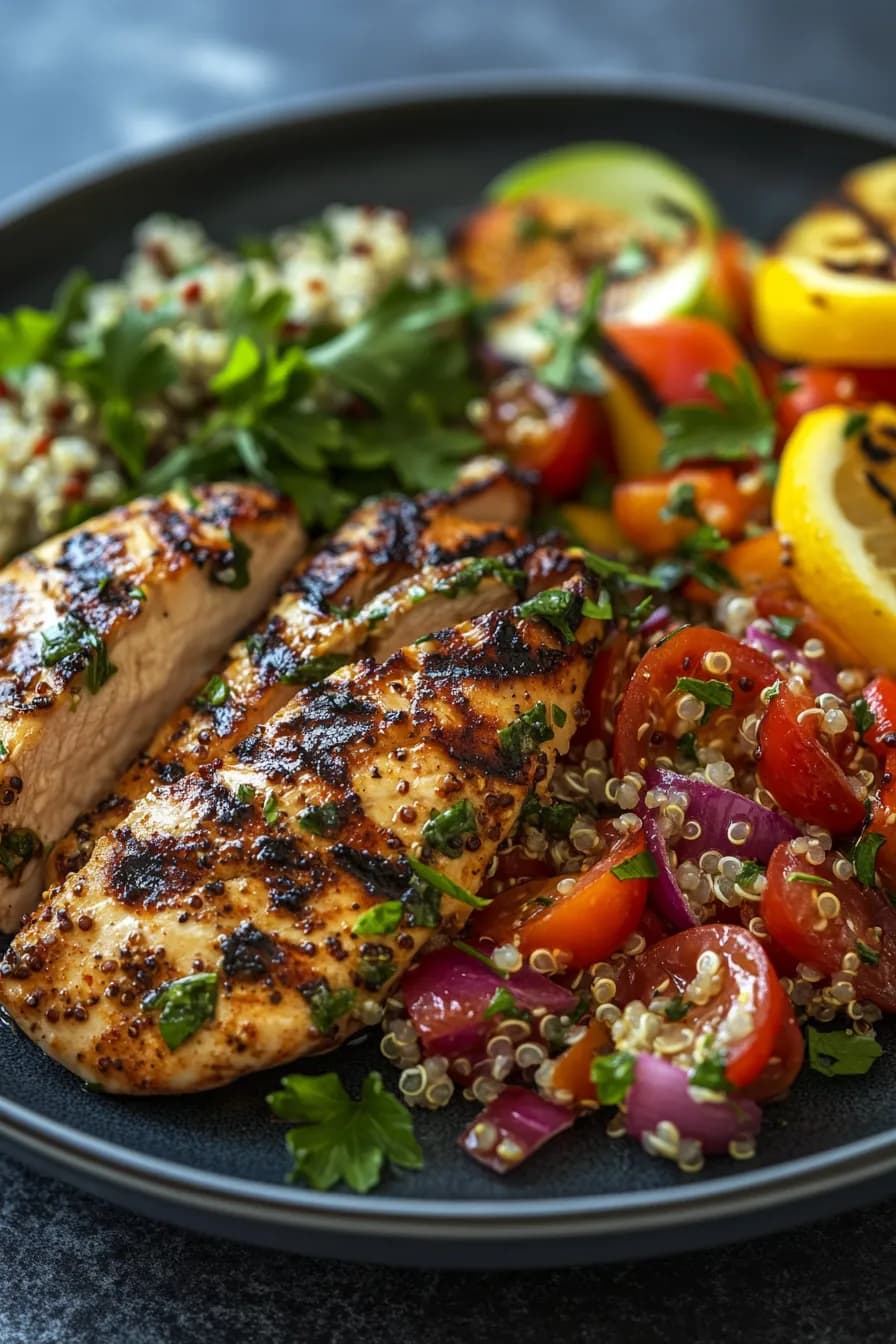 Juicy lemon herb grilled chicken served with colorful quinoa salad on a rustic plate.