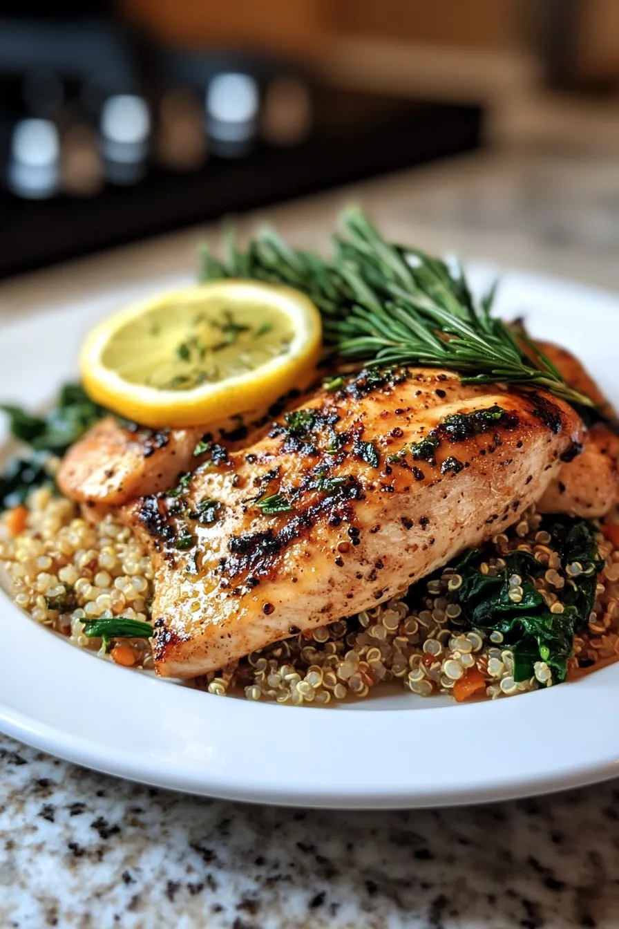 Juicy lemon herb grilled chicken served with fluffy quinoa and vibrant spinach.
