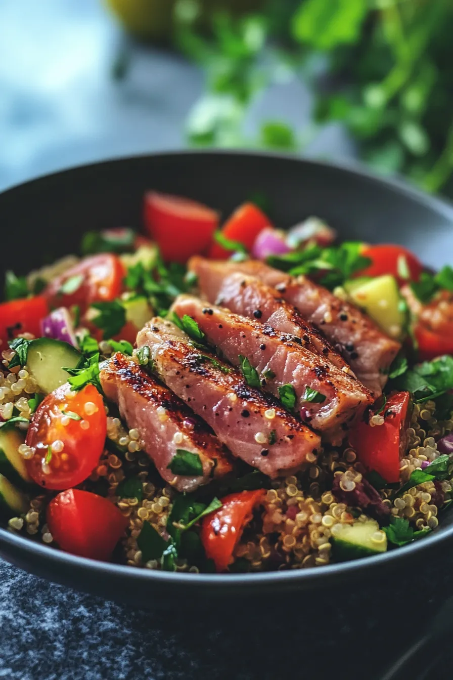 Grilled tuna steak served over a colorful quinoa salad with cherry tomatoes, cucumbers, and olives.