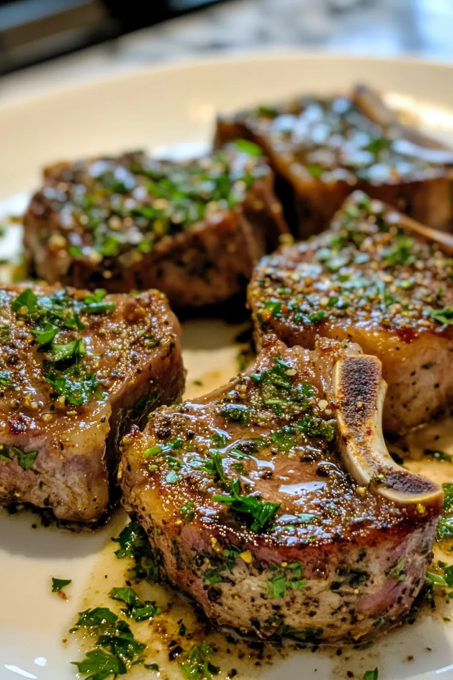 Juicy lamb chops with a vibrant herb crust served on a rustic wooden board.