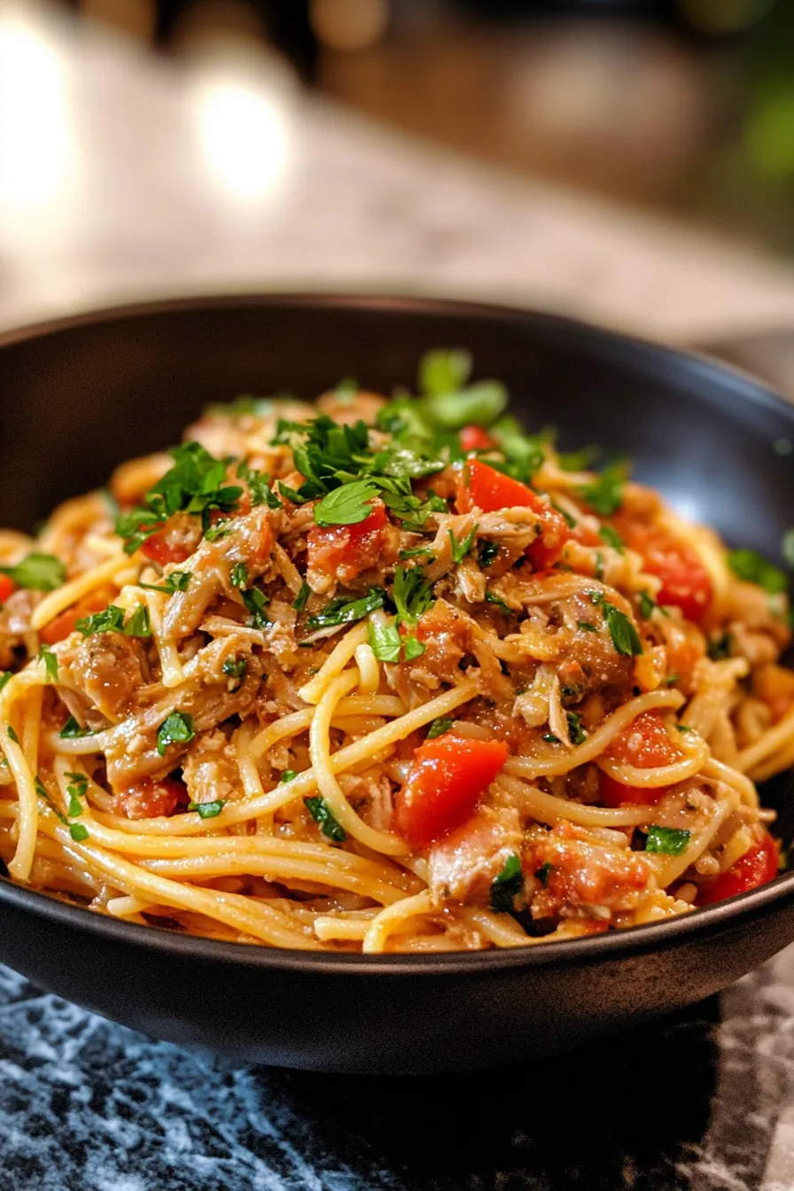 A vibrant bowl of Mediterranean quick tuna pasta with olives, cherry tomatoes, and fresh basil.