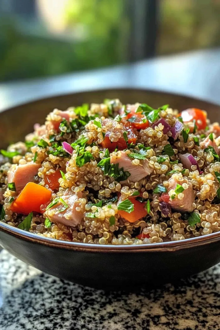 A colorful Mediterranean quinoa and tuna salad with cherry tomatoes and cucumbers in a ceramic bowl.