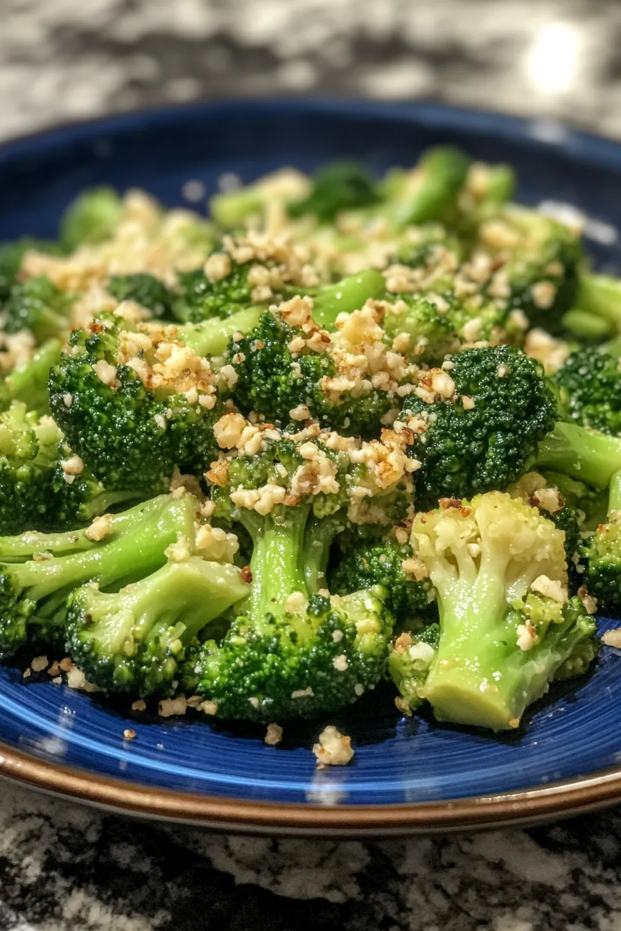 One-pan garlic butter broccoli garnished with lemon zest and chili flakes in a cast iron skillet.