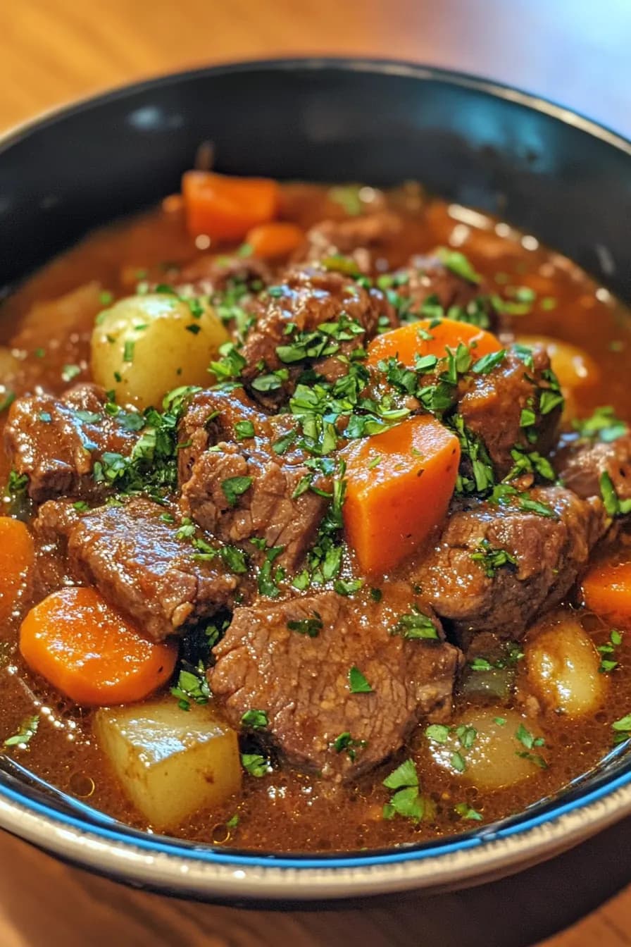 A steaming pot of beef stew with tender chunks of beef, carrots, potatoes, and a random surprise ingredient.