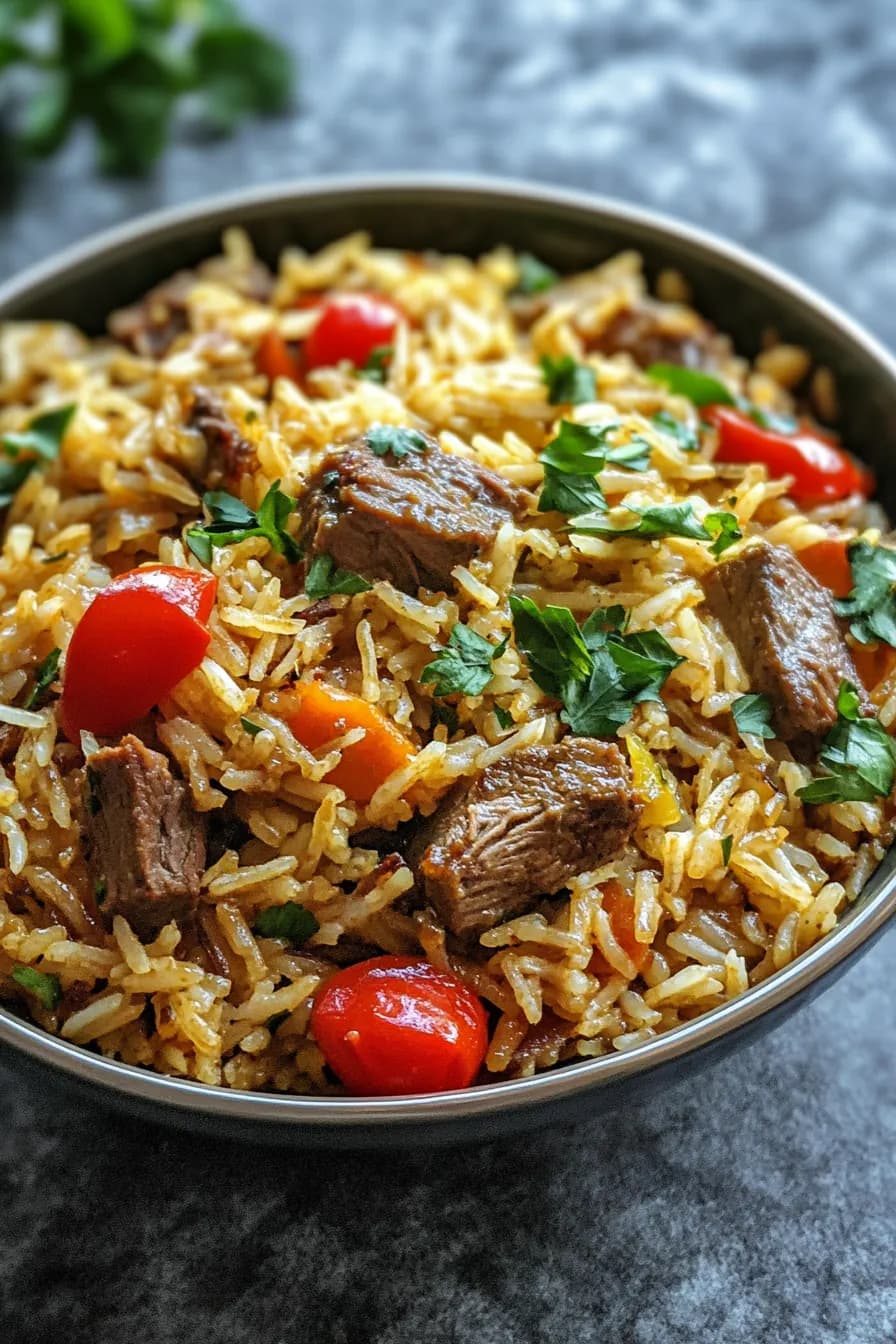 A comforting one pot lamb and rice dish with tender lamb chunks and perfectly cooked rice.