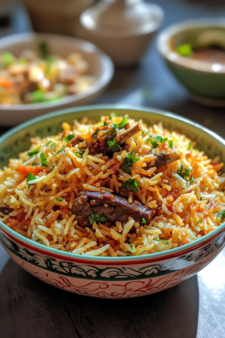 A vibrant dish of one pot lamb biryani with tender lamb pieces and aromatic rice garnished with fresh herbs.