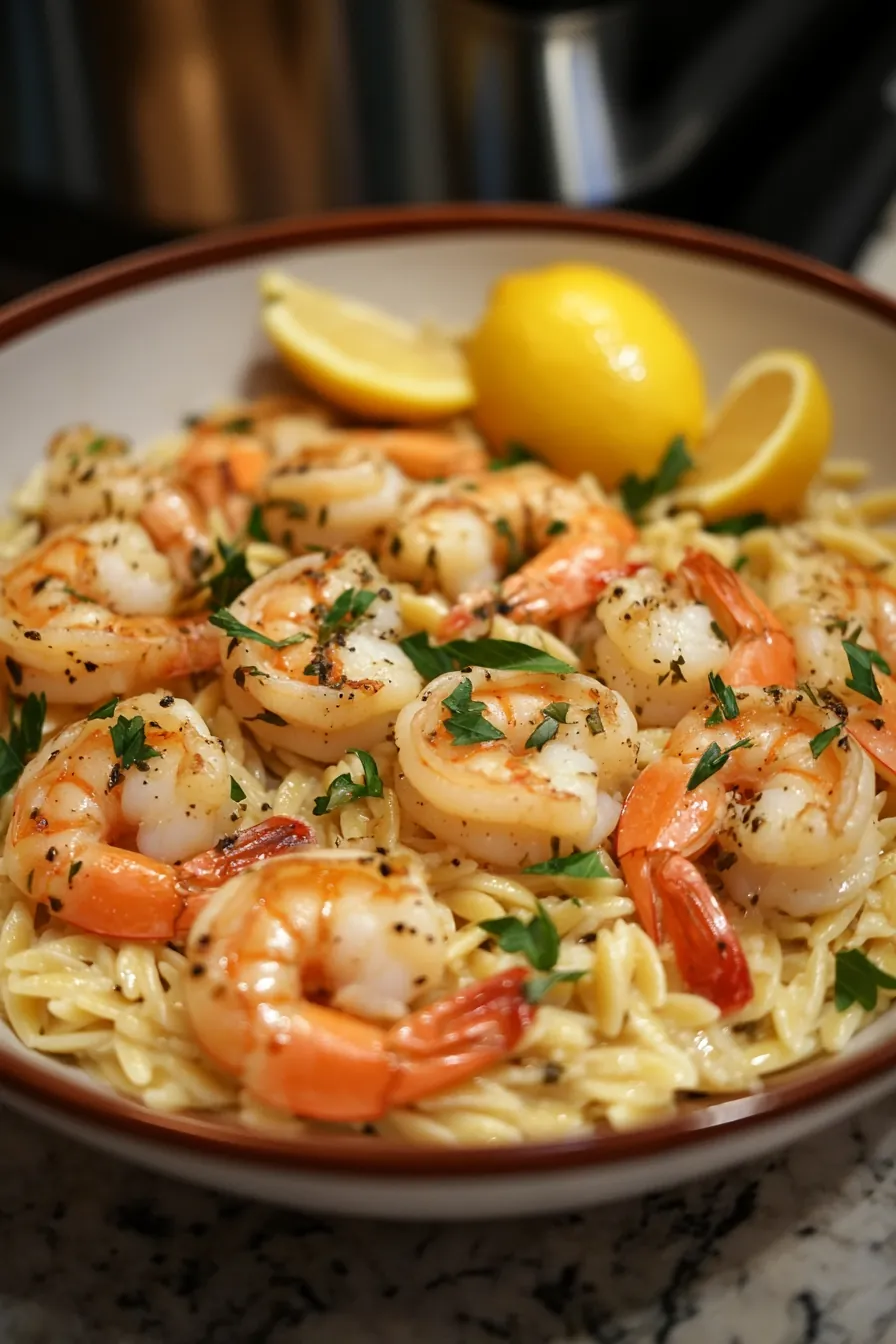 A steaming pot of lemon herb shrimp and orzo garnished with fresh parsley and lemon slices.