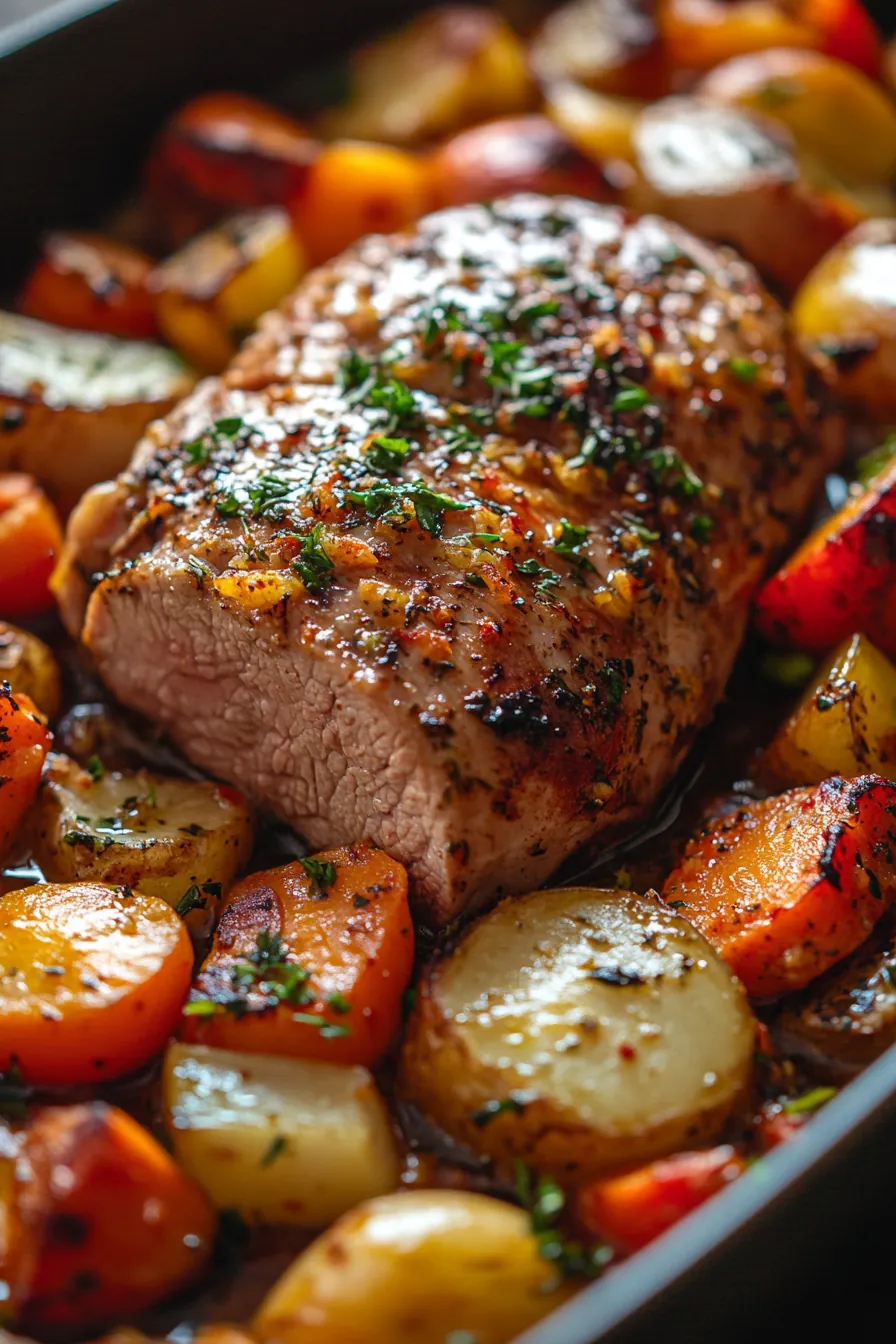 One pot pork tenderloin surrounded by roasted seasonal vegetables in a cast iron skillet.