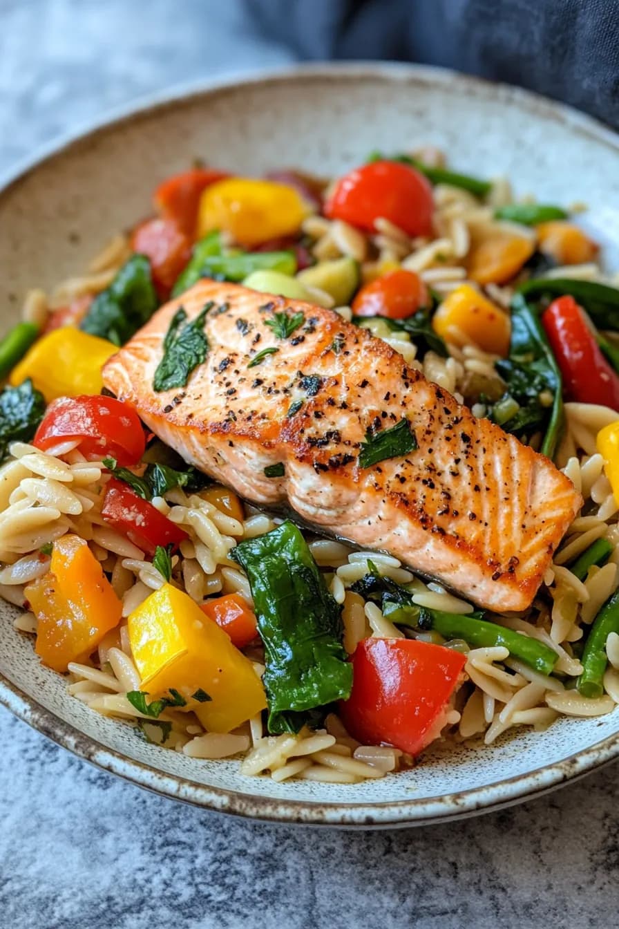 One pot salmon orzo with bright seasonal vegetables in a rustic ceramic skillet.