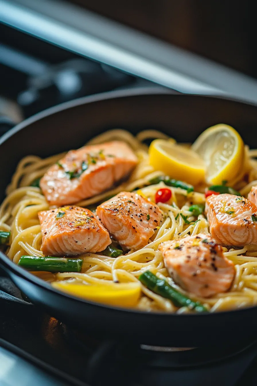 One Pot Salmon Pasta with Lemon and Asparagus card