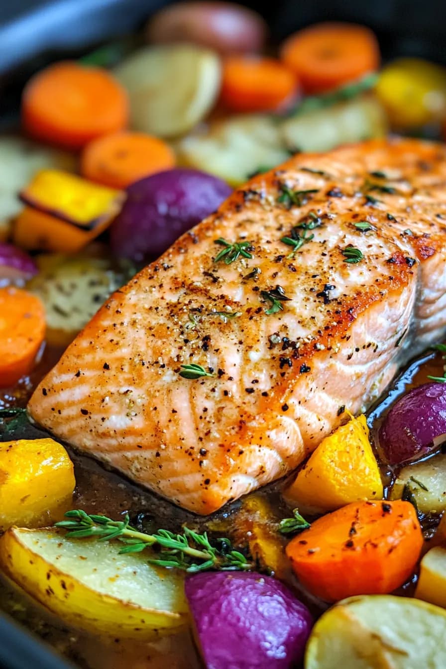 One pot salmon surrounded by vibrant seasonal vegetables in a rustic pan.